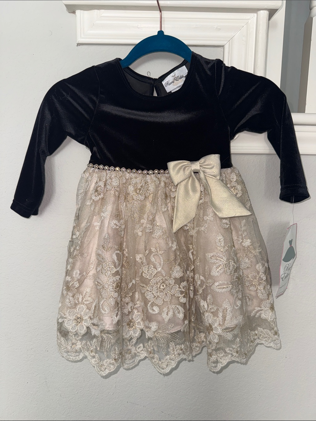 Toddler Girl’s Velvet & Lace Party Dress, Tie Back W/Built In Petticoat Layers